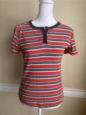 Lush Striped Ribbed Henley Tee in Red, Pink, Orange, Yellow, Brown, White
